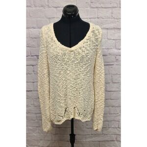Anthropologie Cream Knit Twist Back Sweater Pointelle Scalloped Hem XS